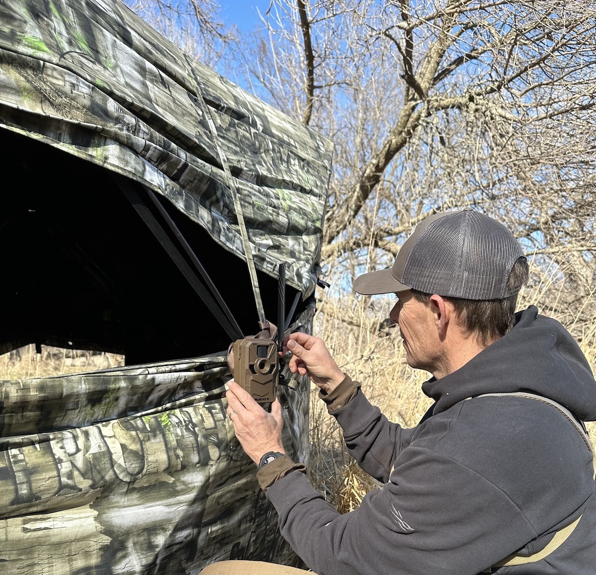 Muddy's Manifest 2.0 is small and compact and attaches quickly to any ground blind.