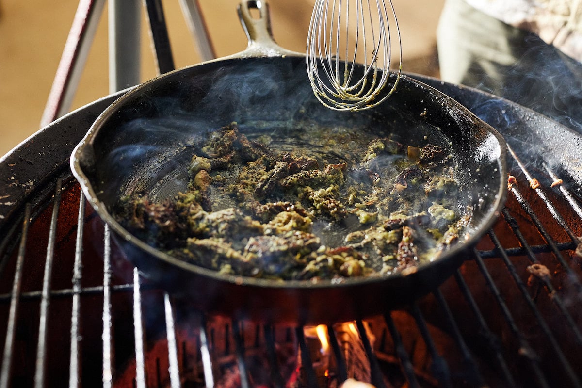 Here is all about how to make grilled wild game cheese steak with morel and wild ramp gravy.